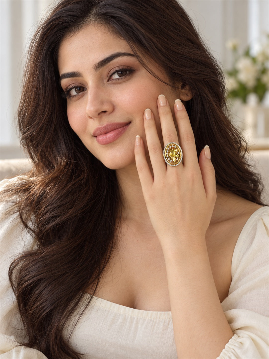 Yellow Center Stone Oval Sunburst Ring - Gold Plated