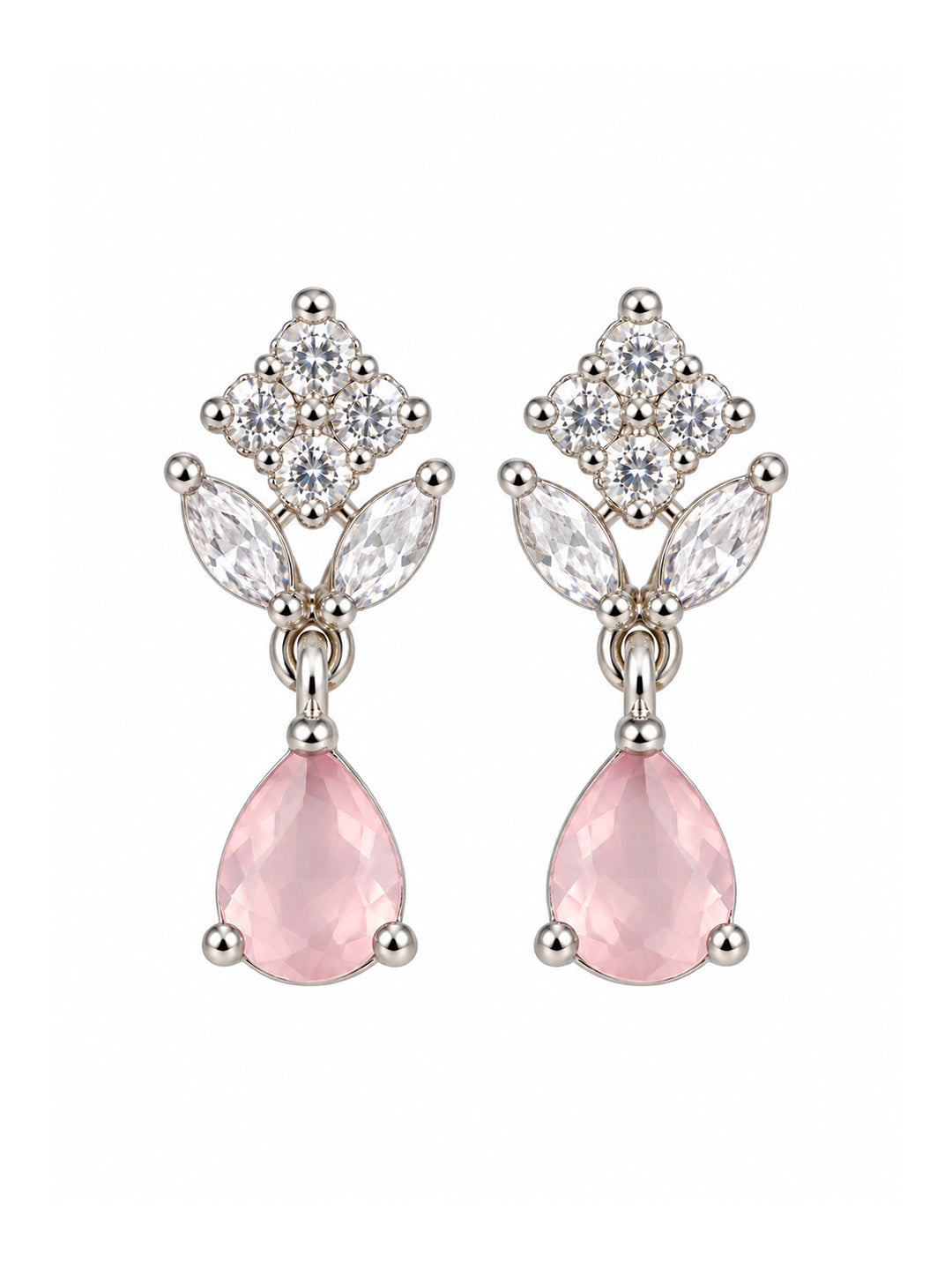 Pink Teardrop Floral Drop Earrings - Silver Plated, additional view 2
