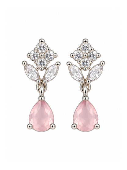 Pink Teardrop Floral Drop Earrings - Silver Plated, additional view 2