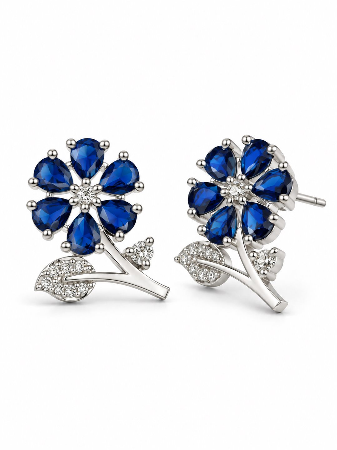 Blue Flower and Leaf Stud Earrings, silver plated, alternate product view