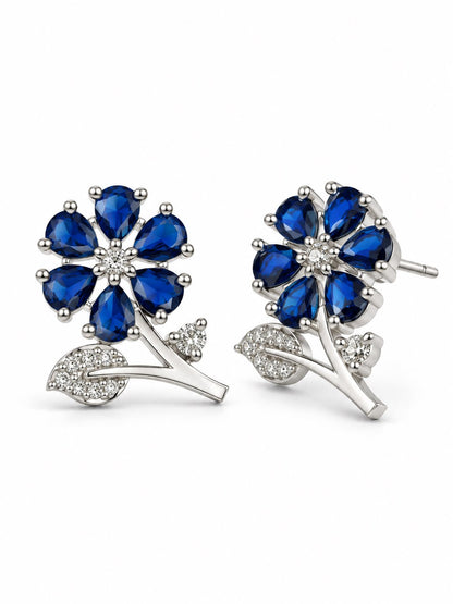 Blue Flower and Leaf Stud Earrings, silver plated, alternate product view