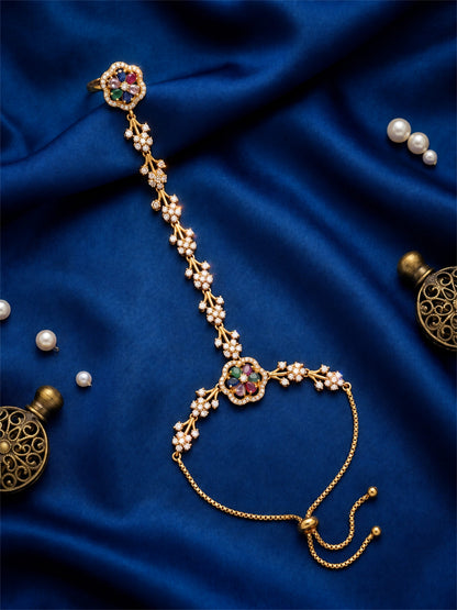 Multicolor Floral Marquise-Stone Chain Hathphool - Mehndi Plated