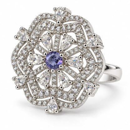 Purple Round Center Geometric Flower Ring - Silver Plated - product view