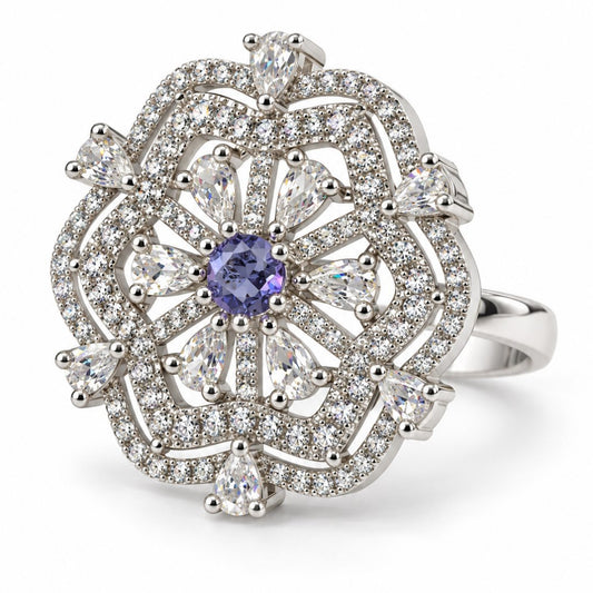 Purple Round Center Geometric Flower Ring - Silver Plated - product view