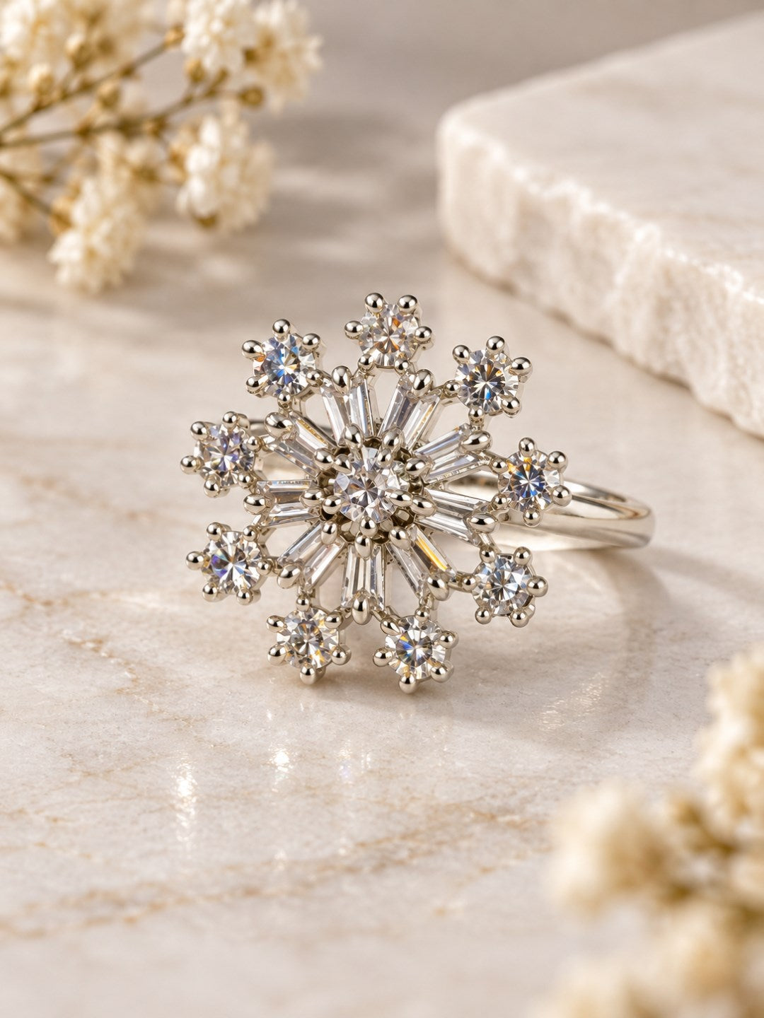 Clear Floral Starburst Ring - Silver Plated