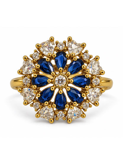 Blue Stone Teardrop Floral Cluster Ring - Gold Plated, additional view 4