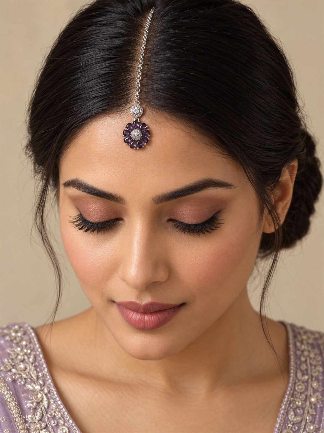Purple Teardrop Floral Maang Tikka - Silver Plated, model close-up