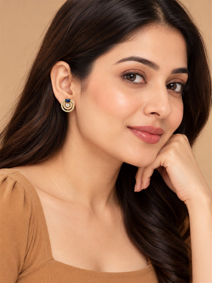 Blue Stone Double Halo Stud Earrings, gold plated, styled on model
