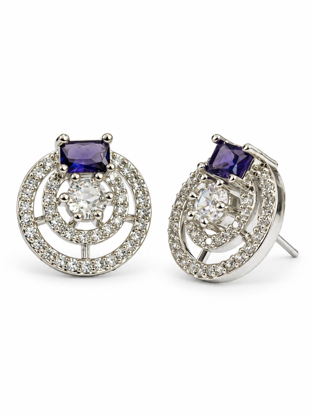 Purple Stone Double Halo Stud Earrings, silver plated, alternate product view