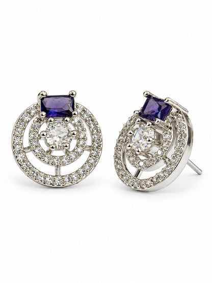 Purple Stone Double Halo Stud Earrings, silver plated, alternate product view