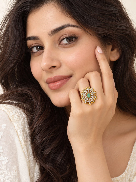 Mint Green Center Stone Scalloped Floral Halo Ring - Gold Plated - model close-up