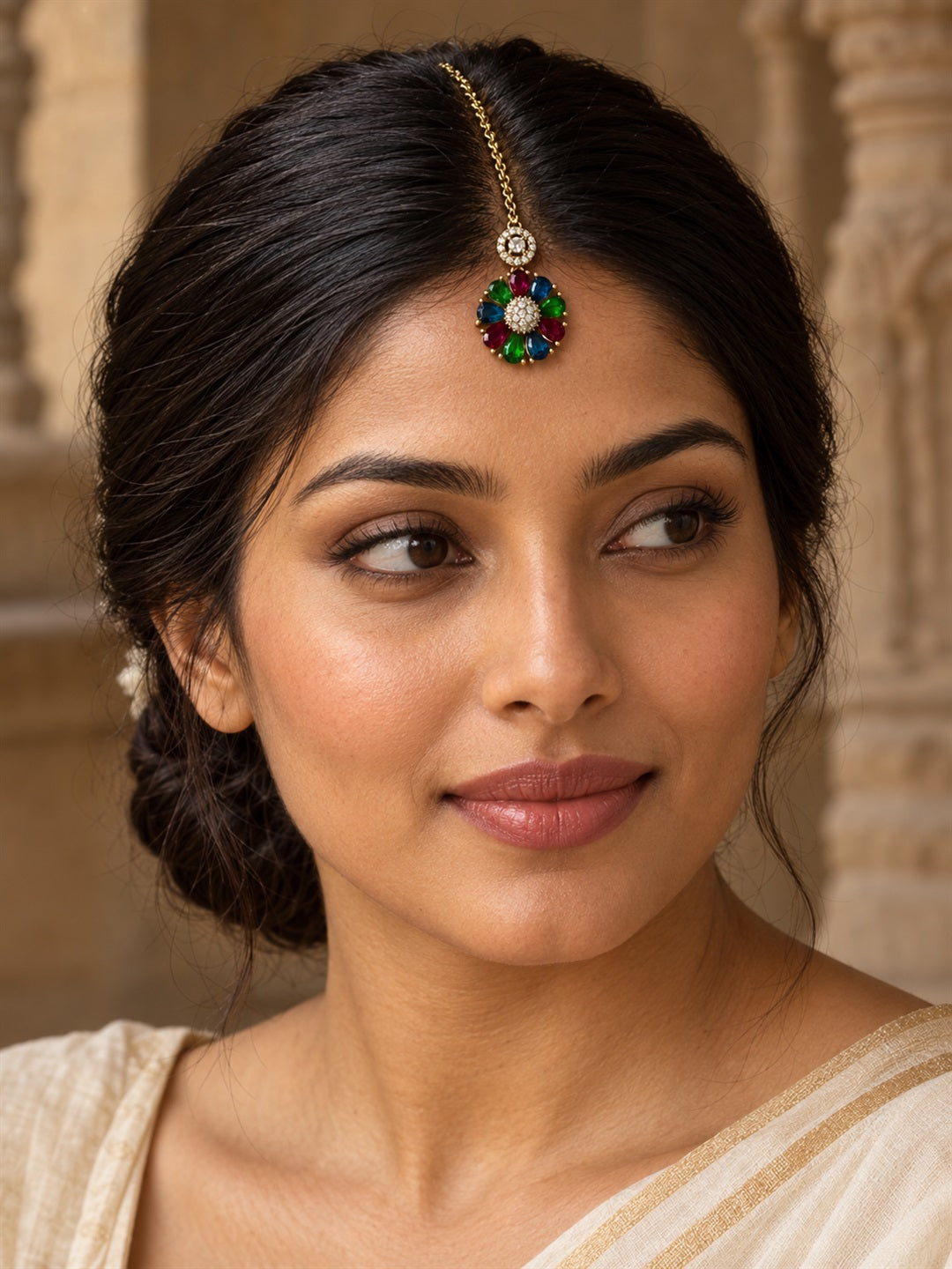 Multicolour Teardrop Floral Maang Tikka - Gold Plated, additional view 3