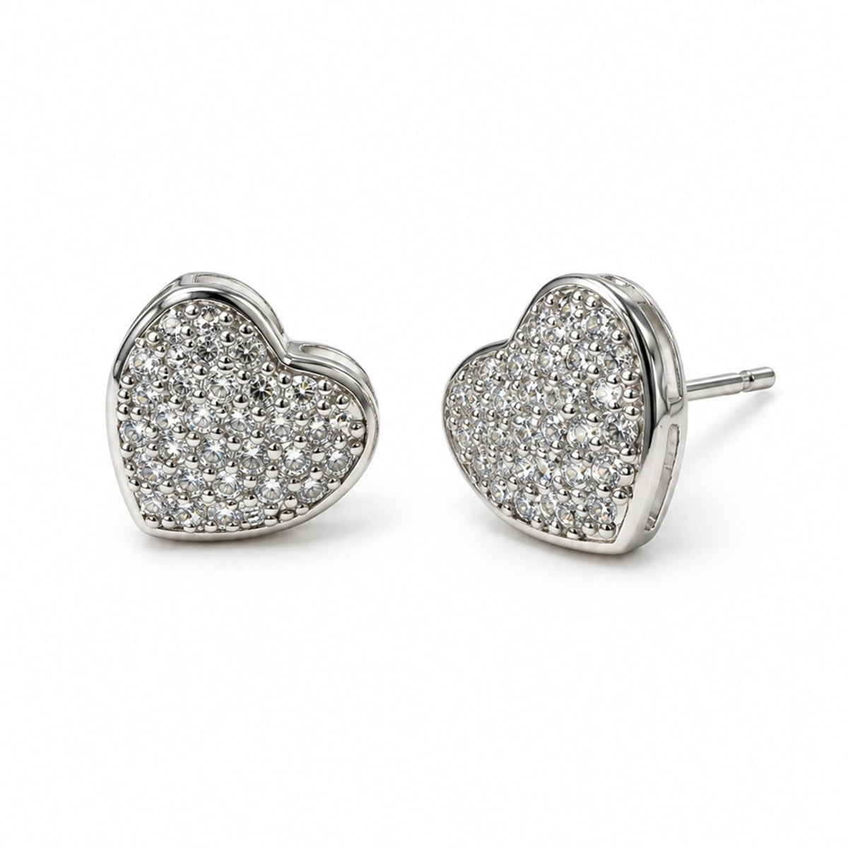 Clear Pave Rounded Heart Stud Earrings, silver plated