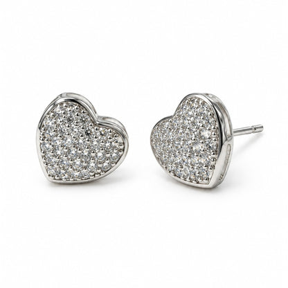 Clear Pave Rounded Heart Stud Earrings, silver plated