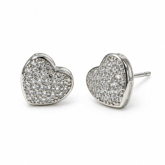 Clear Pave Rounded Heart Stud Earrings, silver plated