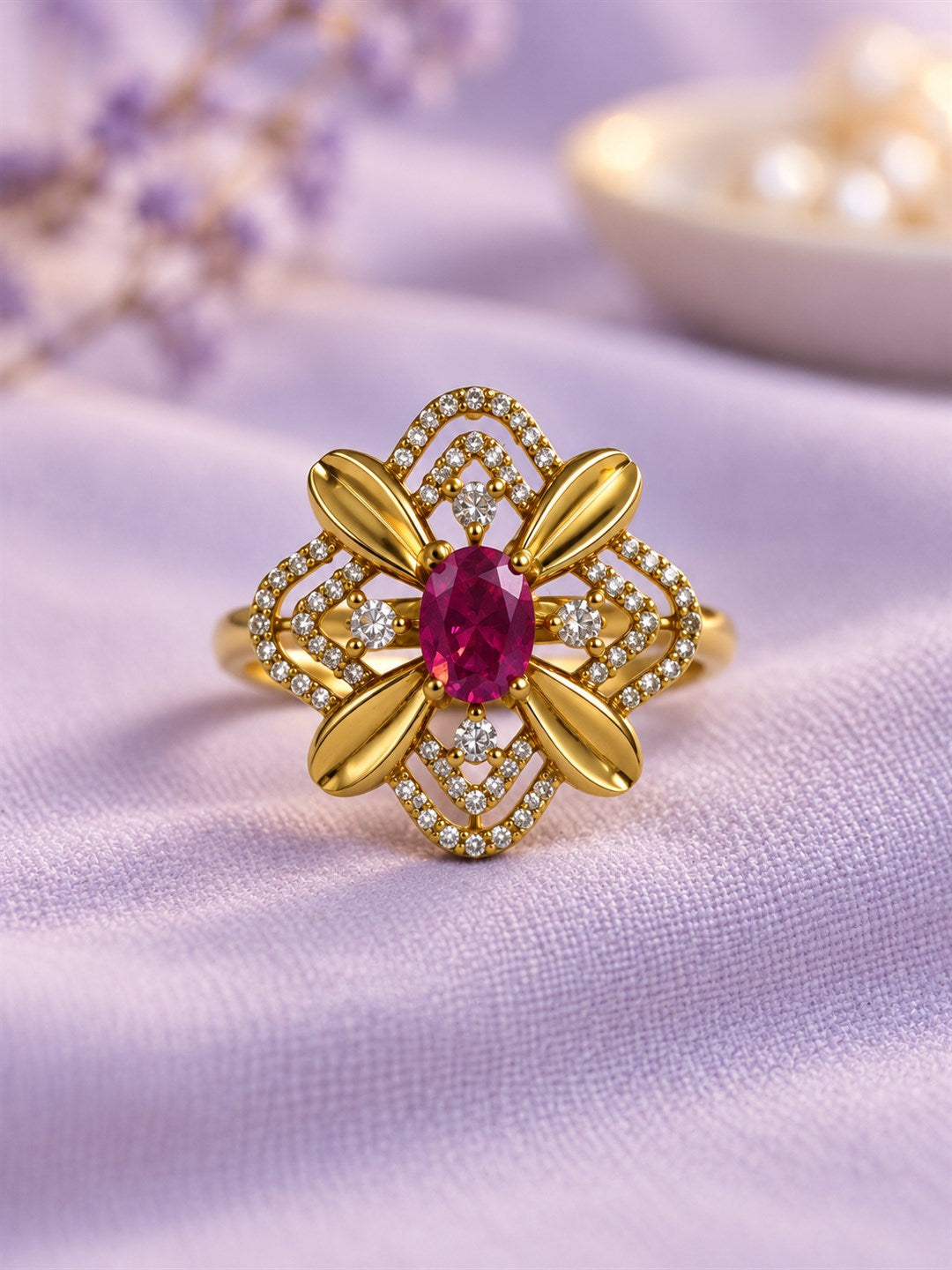 Red Stone Four Petal Floral Ring - Gold Plated, additional view 3