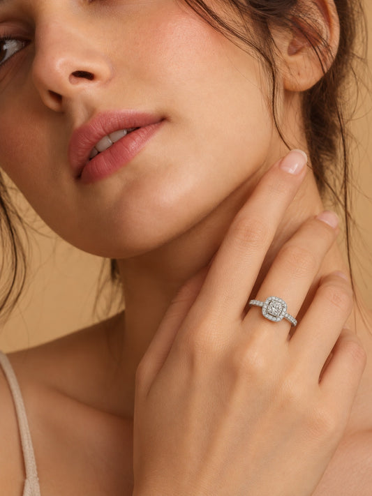 Clear Cushion Stone Halo Ring - Silver Plated, model close-up