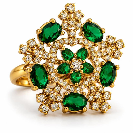 Green Stone Floral Cross Cluster Ring - Gold Plated, product view