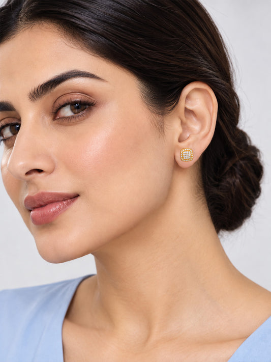 Clear Pave Cushion Stud Earrings - Gold Plated, model close-up