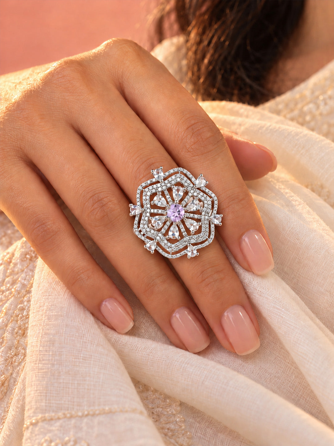 Lavender Round Center Geometric Flower Ring - Silver Plated worn on hand - close-up