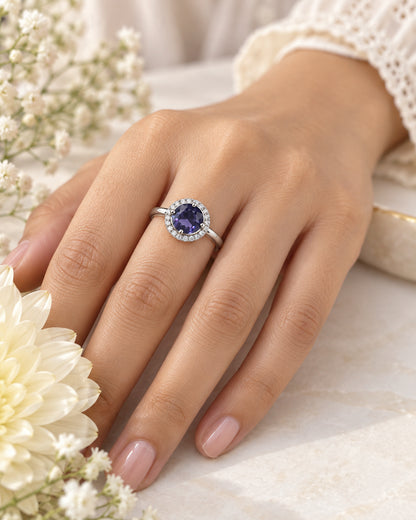 Purple Round Solitaire Halo Ring - Silver Plated worn on hand