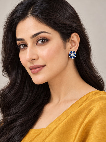 Blue Oval Stone Floral Stud Earrings in silver plating