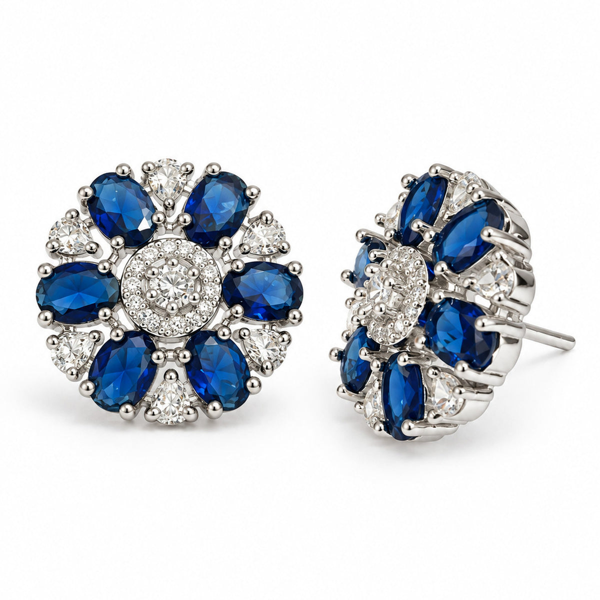 Blue Oval Stone Floral Stud Earrings in silver plating