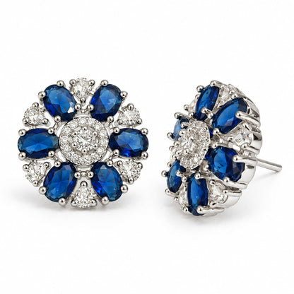 Blue Oval Stone Floral Stud Earrings in silver plating