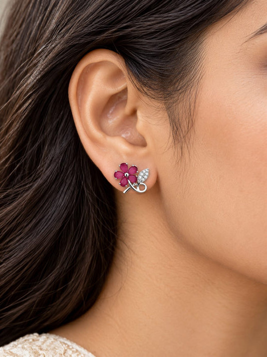Pink Flower and Leaf Stud Earrings, silver plated, model close-up