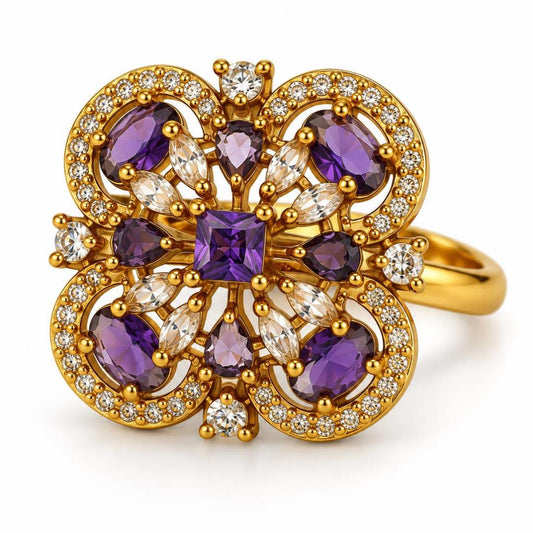 Purple Stone Four Leaf Clover Cluster Ring - Gold Plated, product view