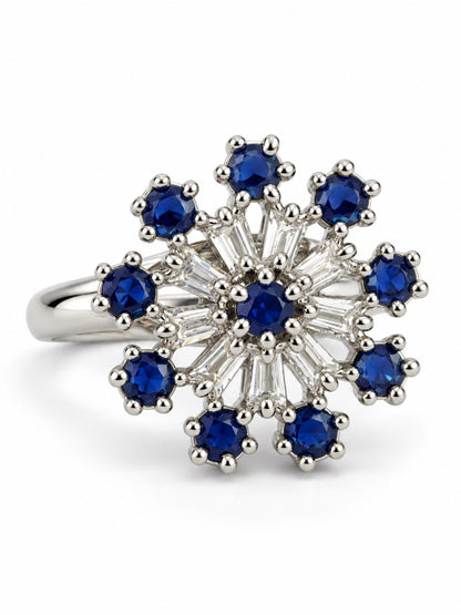 Blue Floral Starburst Ring - Silver Plated