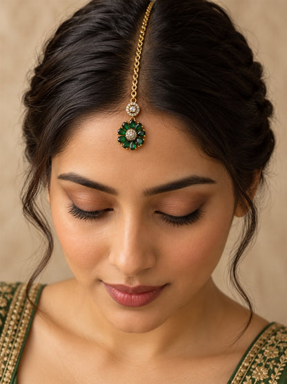 Green Teardrop Floral Maang Tikka - Gold Plated, model close-up