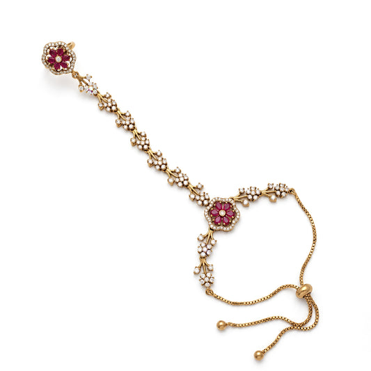 Red Floral Marquise-Stone Chain Hathphool - Mehndi Plated