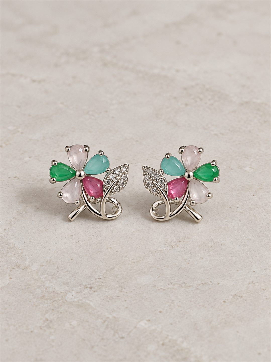 Multicolor Flower and Leaf Stud Earrings, silver plated, lifestyle view