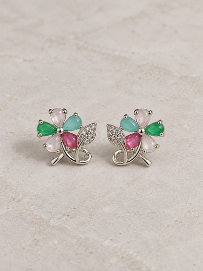 Multicolor Flower and Leaf Stud Earrings, silver plated, lifestyle view