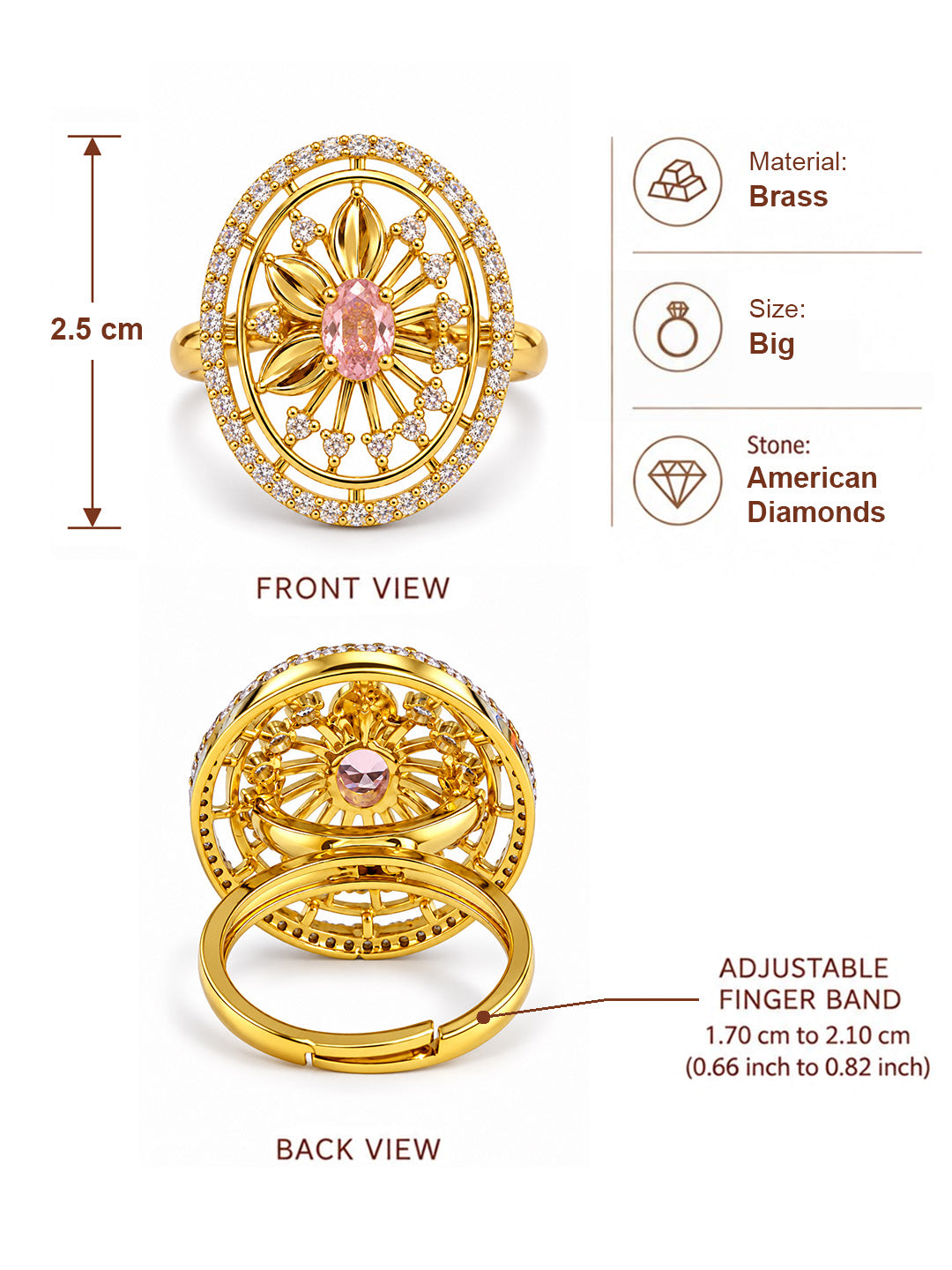 Pink Center Stone Oval Sunburst Ring - Gold Plated