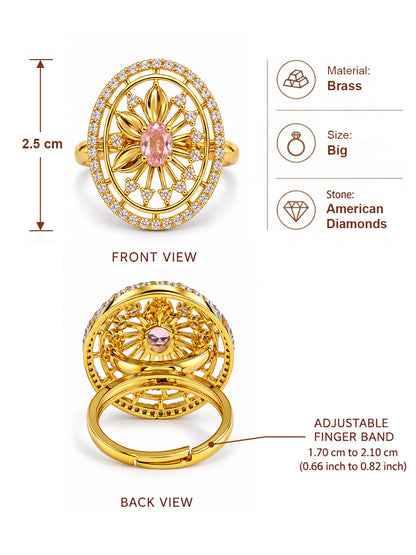 Pink Center Stone Oval Sunburst Ring - Gold Plated