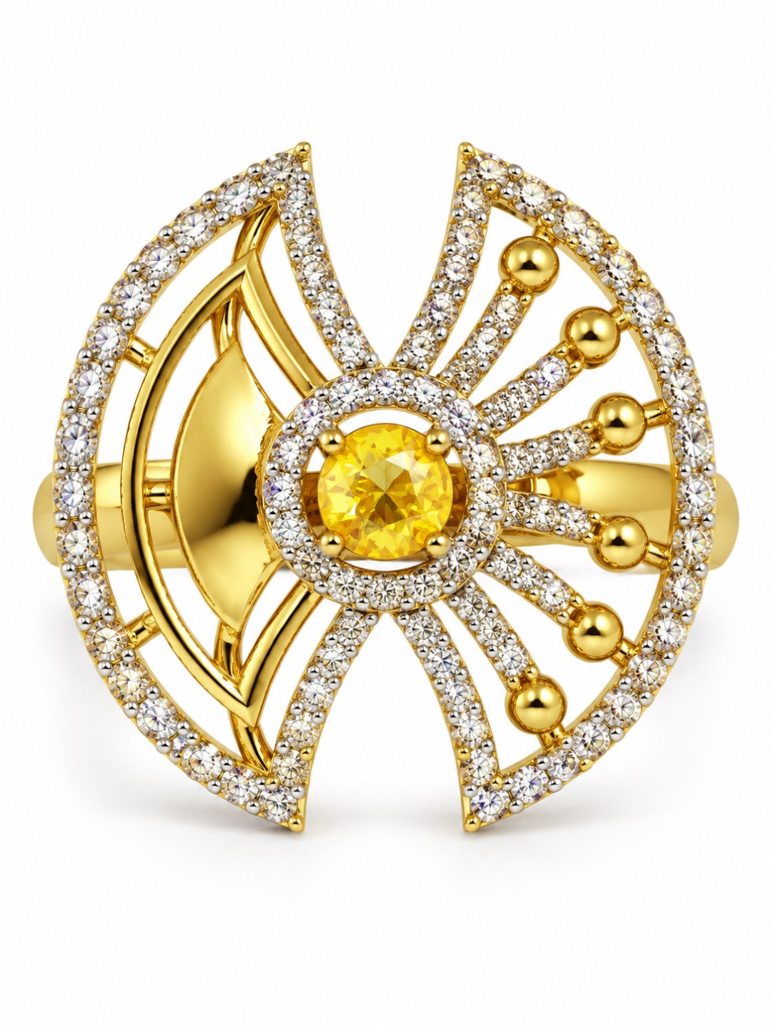 Yellow Center Stone Fan Motif Ring - Gold Plated