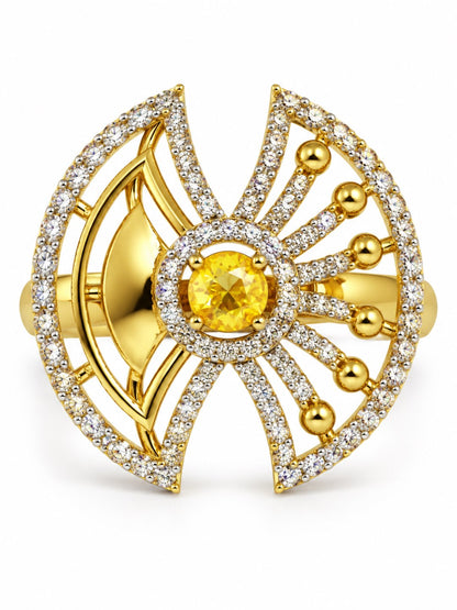Yellow Center Stone Fan Motif Ring - Gold Plated