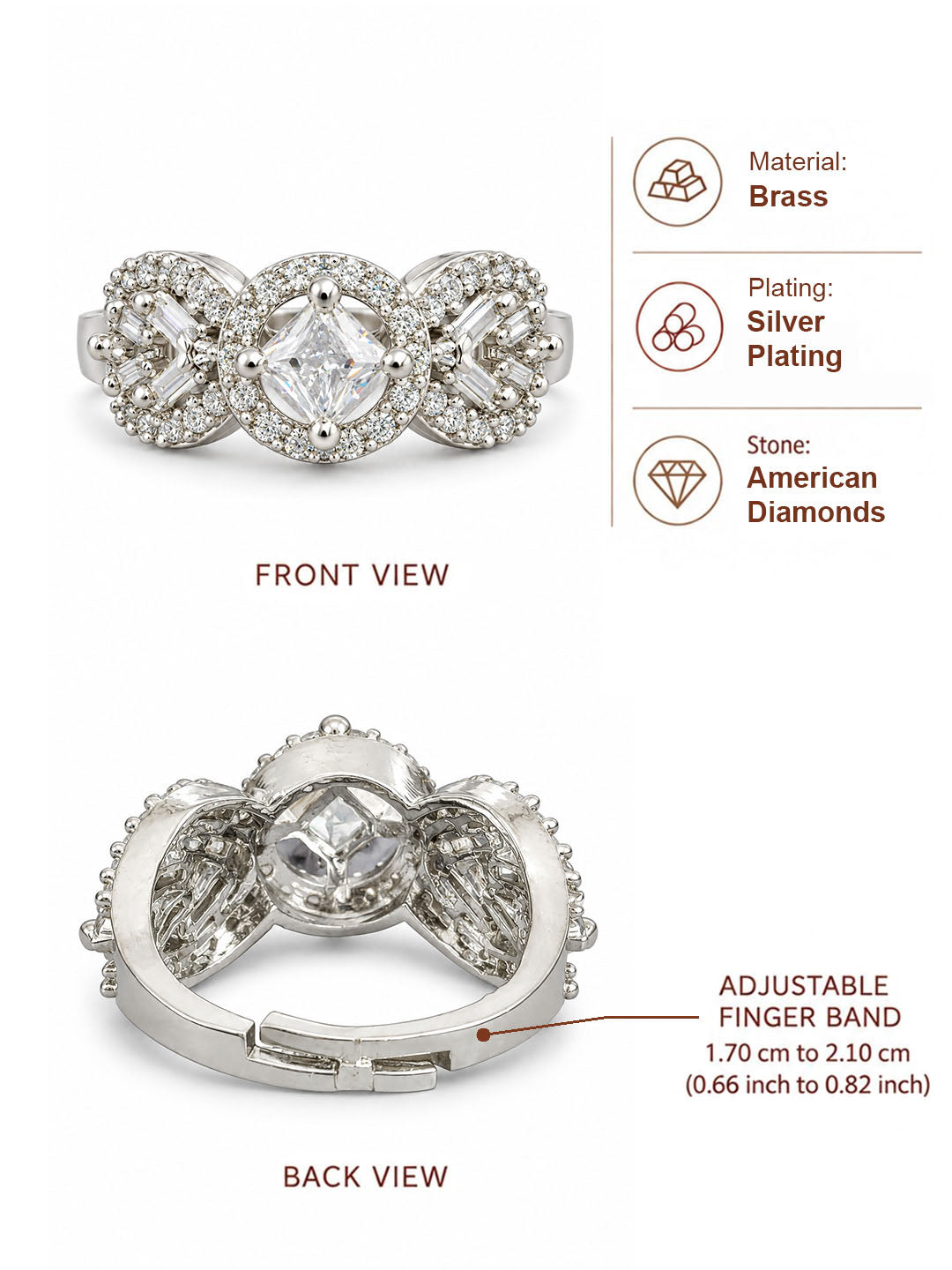 Rhodium Plated American Diamond Adjustable Solitaire Finger Ring - dimensions and product details