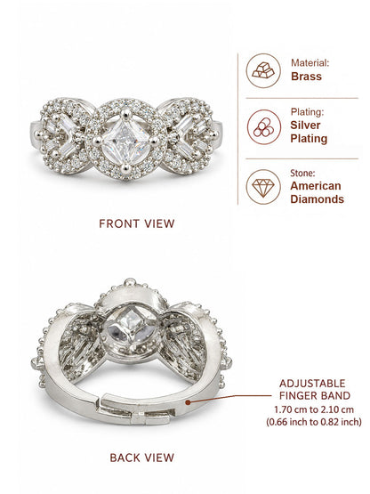 Rhodium Plated American Diamond Adjustable Solitaire Finger Ring - dimensions and product details