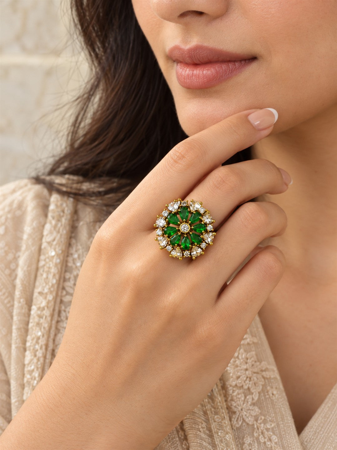 Green Stone Teardrop Floral Cluster Ring - Gold Plated, model close-up