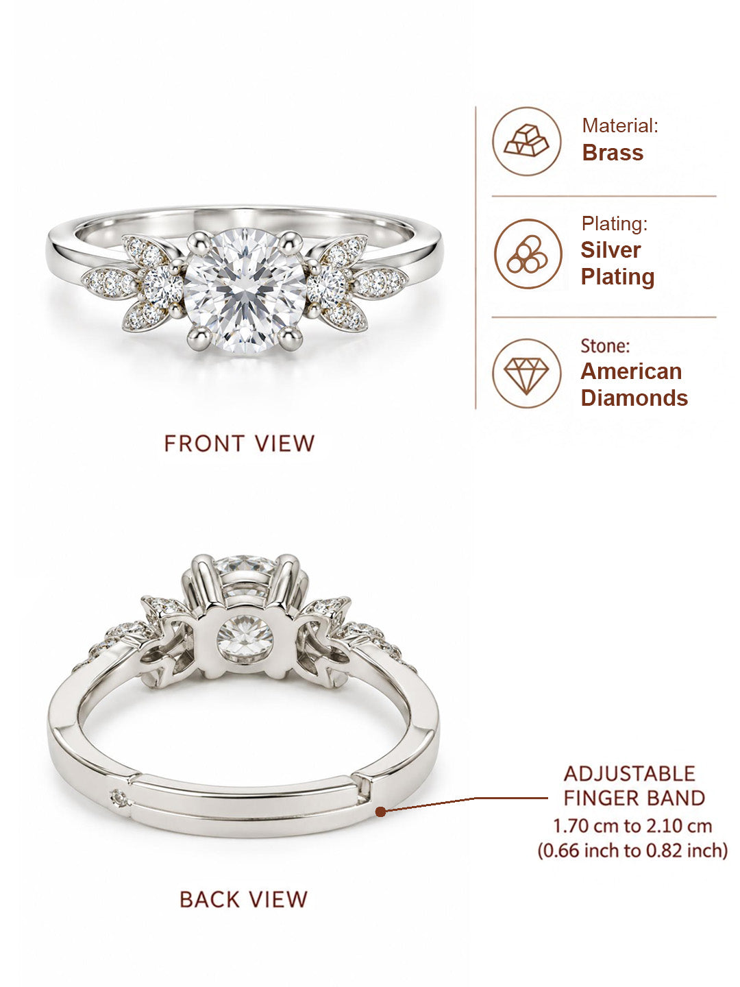 Clear Round Stone Leaf Accent Ring - Silver Plated, image6