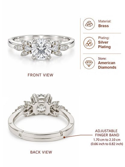 Clear Round Stone Leaf Accent Ring - Silver Plated, image6