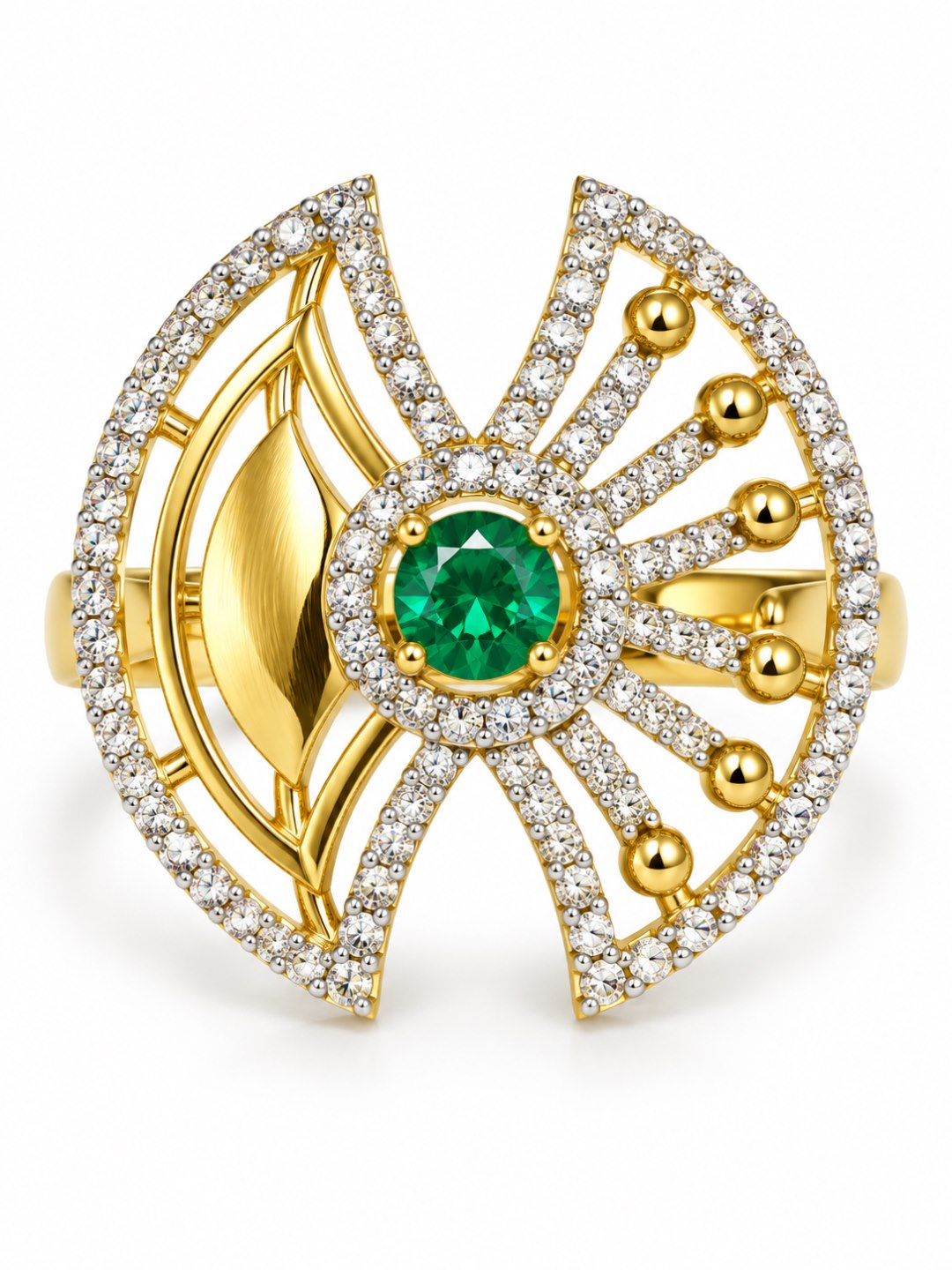 Sea Green Center Stone Fan Motif Ring - Gold Plated