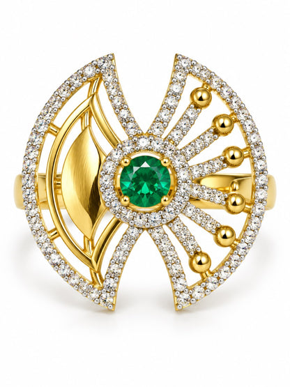 Sea Green Center Stone Fan Motif Ring - Gold Plated