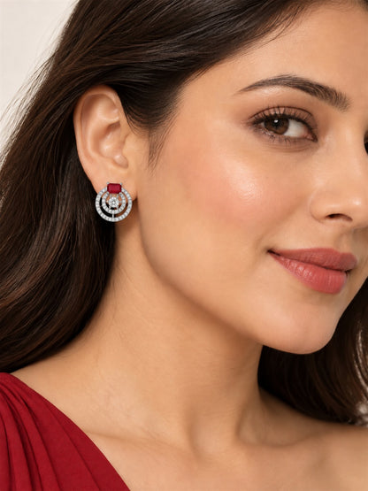 Red Stone Double Halo Stud Earrings, silver plated, model close-up