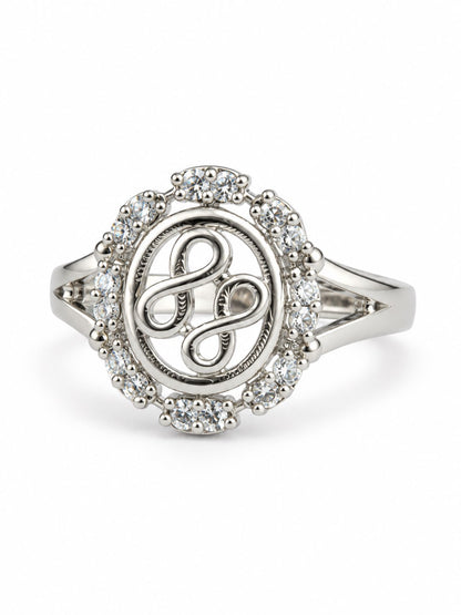 Clear Oval Halo Scroll Ring - Silver Plated