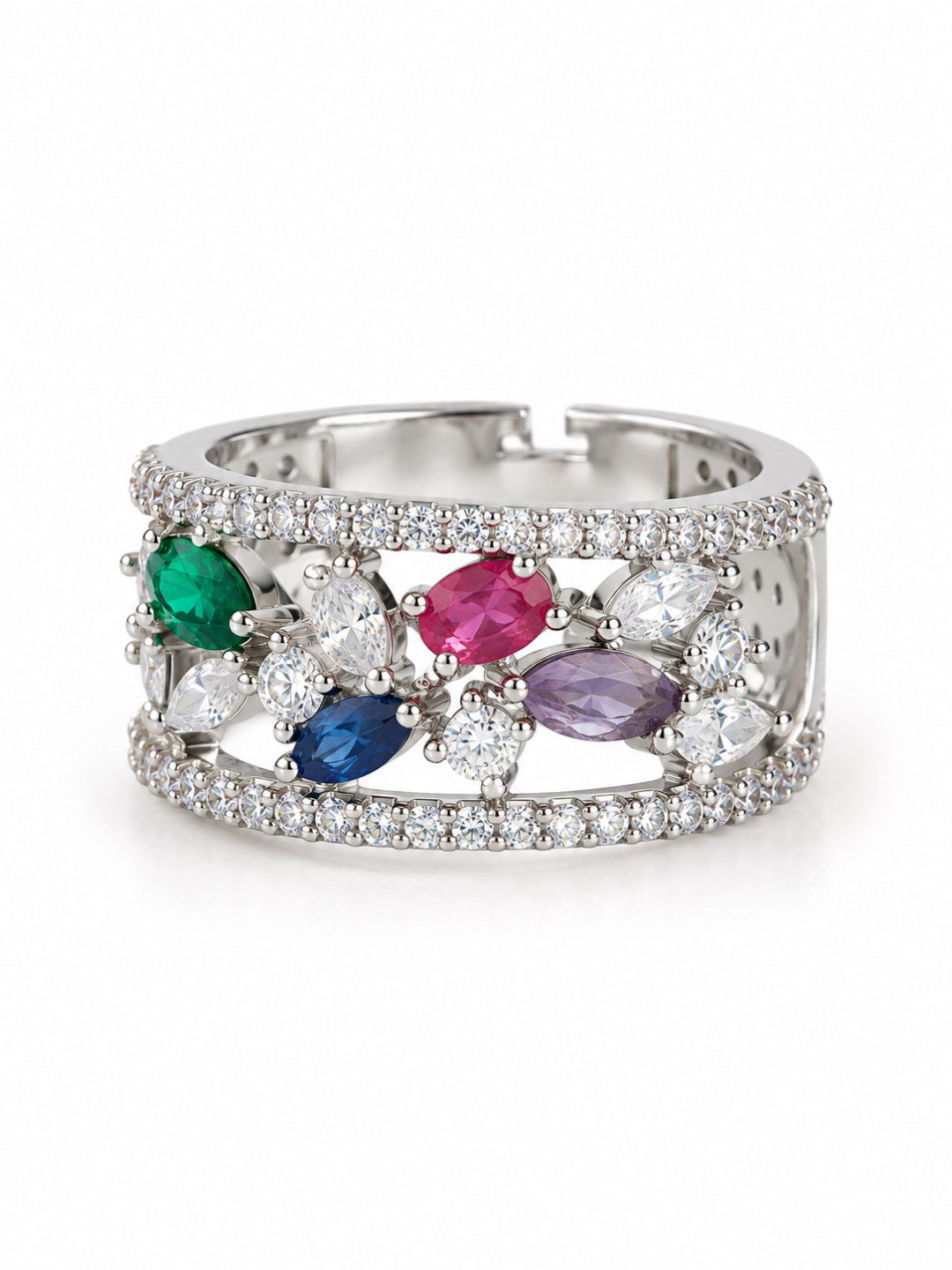 Multicolor Floral Band Ring - Silver Plated