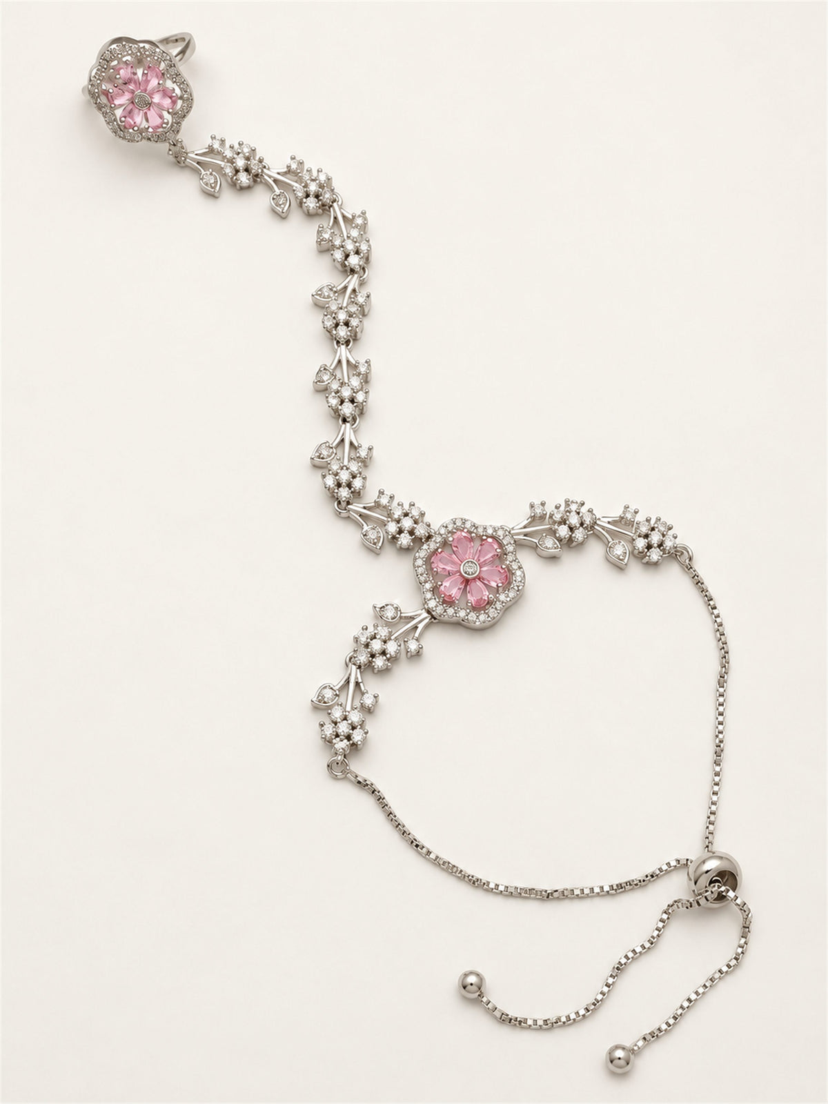 Pink silver-plated floral marquise-stone chain hathphool